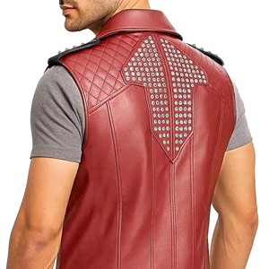 <b>Men's</b> <b>Red</b> Leather Look Moto <b>Vest</b> With Zipper Closure Turn-down Collar Casual Outerwear Solid Color Biker Style Windproof - Product Image 4