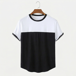 เสื้อยืดแขนสั้นคอกลมผู้ชาย สีดำขาว ตัดต่อสี ดีไซน์ลายตัดกัน สไตล์ทางการ ทรงโอเวอร์ไซส์ - Product Image 1
