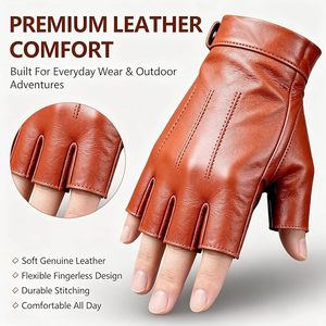 <b>Leather</b> <b>Fingerless</b> driving <b>Gloves</b> Wrist Length Unlined Plain Style Breathable Daily Use Spring Autumn - Product Image 3