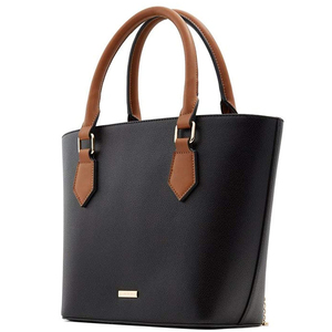 Sac fourre-tout en cuir noir avec poignées marron et quincaillerie dorée, design tissé écologique, fournisseur OEM - Product Image 4
