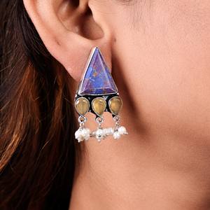 Boucles d'oreilles pendantes vintage en argent oxydé, style bohème ethnique tribal, avec onyx, accents dorés et breloques perles, pour femme, idéales pour les fiançailles - Product Image 2