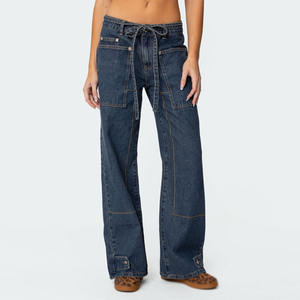 Jeans de Cintura Baja y Corte Holgado con Paneles en Contraste, Bolsillos Grandes, Cinturón de Lazo de Algodón, Jeans Holgados - Product Image 1