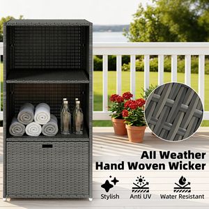 Portasciugamani da Piscina in Rattan Sintetico PE Resistente all'Acqua, 2 Ripiani, 1 Cestello, Cassetto, Grigio Scuro, Accessori per Piscina - Product Image 4