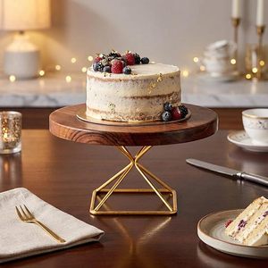 Support à gâteau en bois rond, présentoir à desserts avec base en métal, décoration de table rustique pour mariage ou fête - Product Image 3