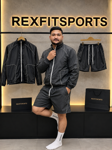 REXFIT SPORTS 2026 Ensemble coupe-vent personnalisé pour homme en nylon noir, veste à col montant entièrement zippée et short à cordon de serrage, vêtements de sport personnalisés - Product Image 5