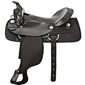 Selle de cheval en cuir western avec quincaillerie nickelée, couleur noir et brun - Product Image 1