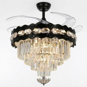Invisible Retractable Blade <b>Ceiling</b> Fan Luxury Black <b>Crystal</b> Chandelier <b>LED</b> <b>Light</b> Fixture with Remote for Elegant Interiors - Product Image 4