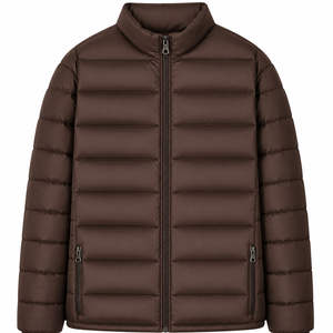 Men's Brown Stand Collar Puffer <b>Jacket</b> Windproof Zipper Closure Casual <b>Winter</b> Coat Regular Fit Solid Color Polyester Shell - Product Image 1