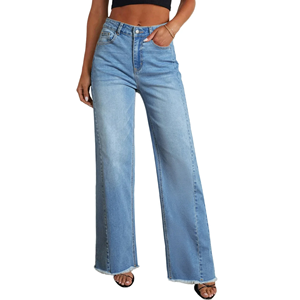 Pantalon en jean taille haute pour femme, coupe slim, jambes larges, design personnalisé, effet délavé, grande taille, fabriqué au Bangladesh - Product Image 5