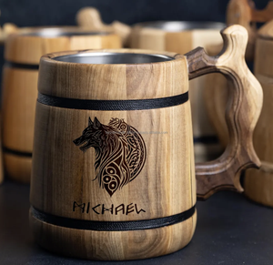 Tasses à bière écologiques en bois brûlé Tasse extérieure de voyage de camping gravée pour hommes d'Inde - Product Image 2