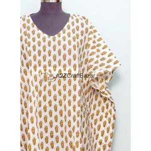 Kaftan pour femme, robe longue ample en coton 100% respirant et écologique, imprimé artisanal, avec ceinture simple, pour un usage quotidien - Product Image 2