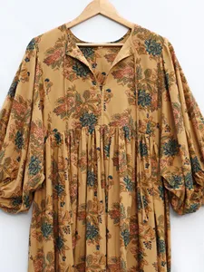 Bohemian Floral Print Brown Cotton Midi <b>Dress</b> With Puff Sleeve V-Neck <b>Loose</b> Fit A-Line Casual Summer <b>Dress</b> For Women - Product Image 2