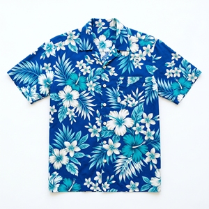 Camisa Hawaiana Azul con Estampado Floral, Tejida en 100% Poliéster Transpirable, con Logotipo Frontal, Manga Corta, Abotonada, Informal, para el Verano, Estilo Isleño - Product Image 1