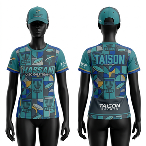 T-shirt de golf pour femmes en tissu polyester léger de qualité supérieure, rose et bleu marine, avec motifs abstraits et logo imprimé par sublimation personnalisé - Product Image 3