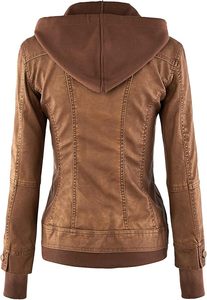 Chaqueta de cuero PU vintage para mujer, estilo casual con capucha, corte ajustado, color camel con efecto deslavado americano, ideal para otoño e invierno. - Product Image 5