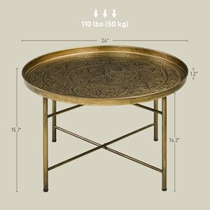 24-Inch <b>Round</b> Cafe <b>Table</b> with <b>Gold</b> Hammered Tray Top and Metal Frame for Living Room Use Coffee <b>Table</b> - Product Image 3