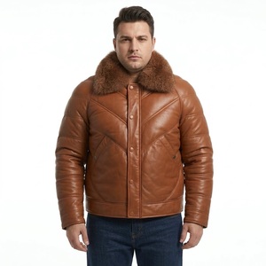 Veste d'hiver matelassée en cuir véritable pour homme, grande taille, avec col en fourrure de renard véritable, épaisse et chaude, style bomber - Product Image 1