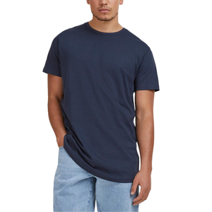 Custom <b>Men</b> Navy <b>Longline</b> <b>T</b> <b>Shirt</b> Premium Cotton Crew Neck Short Sleeve Curved Hem Relaxed Fit Plain Tee - Product Image 1