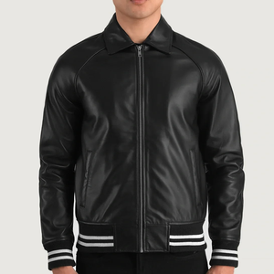 Men's Black Genuine Leather Waterproof Breathable Eco-Friendly Windproof Bomber Jacket Turn-down Collar Zipper Closure Regular - Product Image 2