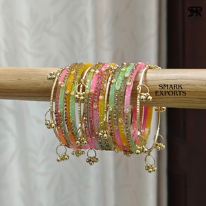 Elegant Multicolor Glass <b>Bangles</b> Set with Stone Work and Ghungroo Traditional <b>Indian</b> Bridal Wedding Festival Jewelry for Women - Product Image 3