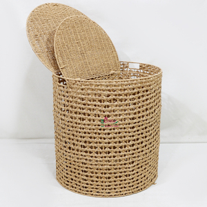 Woven Rattan <b>Storage</b> Baskets Round <b>Collapsible</b> Laundry Hamper Bohemian Style Plant Fiber Handmade Organizers for Living Room - Product Image 4