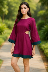 เดรสยาวคลุมเข่าผ้าโพลีเอสเตอร์สีแดงเบอร์กันดีทันสมัยมีสไตล์  แบบชิ้นเดียว  ใส่สบาย ไม่ยับ แห้งเร็ว  ไซส์ M L XL XXL ขายส่ง - Product Image 4