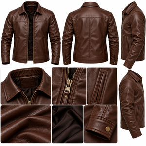 Chaqueta de Motociclista de Cuero Genuino Marrón para Hombre con Cuello Alto y Cierre Frontal Ecológico - Product Image 2