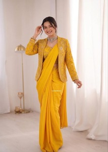 Heavy Work Satin Saree Bridal Party Wear Satin Saree Stylish Satin Saree with <b>Jacket</b> <b>Womens</b> Indian Designer Satin Saree - Product Image 3