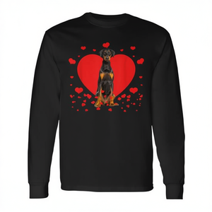 T-shirt à manches longues rétro pour les amoureux des chiens Doberman, motif cœur de la Saint-Valentin, col rond unisexe pour adultes, impression numérique promotionnelle - Product Image 2
