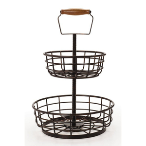 Cesta de Almacenamiento Redonda de Metal de Dos Niveles, Cesta de Alambre Negra con Soporte para Exhibición de Artículos de Cocina, Cesta Decorativa - Product Image 1