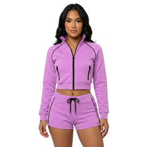 Ensemble de survêtement rayé court pour femme en polyester/coton, deux pièces, veste zippée et short assorti, grandes tailles, été, vente en gros, logo personnalisé - Product Image 2