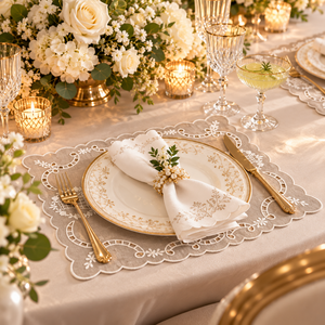 Exquisito Salvamantel de Lino con Bordado Floral, Salvamantel con Corte Festoneado, Adorno Clásico para Fiestas y Cenas en Casa - Product Image 2