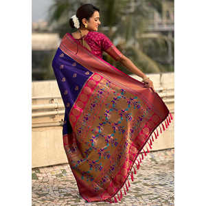 Sari en soie Paithani Yeola violet tissé Zari Elite Weaves avec contraste, robe de soirée élégante - Product Image 2