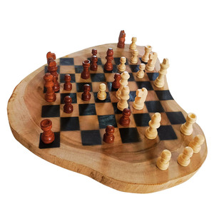 Handcrafted <b>Wooden</b> <b>Chess</b> <b>Set</b> Featuring A Unique Organic Live Edge Design Complete With Carved Pieces For Family Enjoyment - Product Image 1