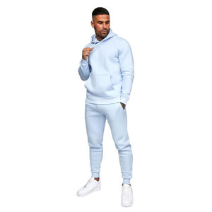 Survêtement à capuche bleu clair pour homme, manches longues, décontracté, pour l'automne, avec poches latérales, coupe classique, couleur unie, 100% coton - Product Image 2