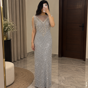 <b>Silver</b> <b>Sequin</b> Evening <b>Dress</b> Deep V Neck Sleeveless Maxi Gown Fringe Detail Formal Party Wear - Product Image 1