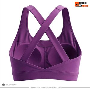 Soutien-gorge de sport pour femme, violet uni, dos croisé, col rond, maintien moyen, idéal pour le yoga et l'entraînement – Meilleure vente - Product Image 2