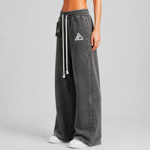 High Quality 100% Cotton Fleece High Street Style Wide Bottom Cargo Trousers Elastic Waist Custom Embroidery Logo Fashionable - Product Image 4