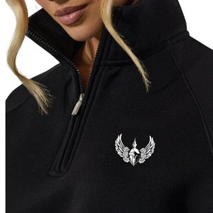Sweat-shirt noir pour femme à manches raglan en molleton, col montant et quart de zip, manches longues, style streetwear décontracté, coupe ample, vêtement de mode - Product Image 5