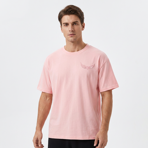 T-shirt rose pour homme, coupe oversize, manches courtes, logo aile en relief, col rond, tricoté, décontracté - Product Image 4