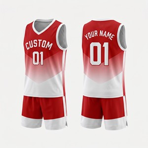 Ensemble d'uniformes de basketball personnalisés par sublimation, dégradé rouge et blanc, maillot sans manches en maille à col en V, short, unisexe adulte, toutes saisons - Product Image 1