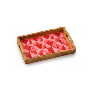 <b>Wood</b> Serving Tray With Red <b>Heart</b> Geometric Pattern Laminated Finish Handle Residential Use - Product Image 1