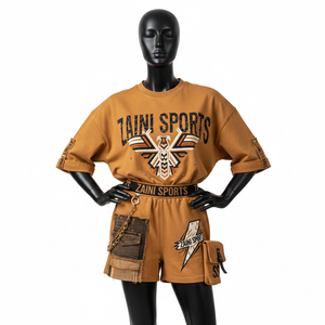 Ensemble t-shirt et short pour femme, coton molletonné premium 240 GSM, tissu doux et respirant, panneau contrastant, impression thermique personnalisée, ensembles pour femmes - Product Image 6