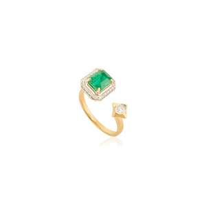 Anillo de Boda Abierto con Halo de Diamantes y Esmeralda en Oro Amarillo K18 Real de Primera Calidad, Diseño Único, Joyería Hecha a Mano al por Mayor - Product Image 3