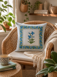 Funda de Cojín de Algodón con Estampado Floral Azul Boho, Funda de Almohada con Estampado a Mano para Sofá, Sillón y Sala de Estar - Product Image 3