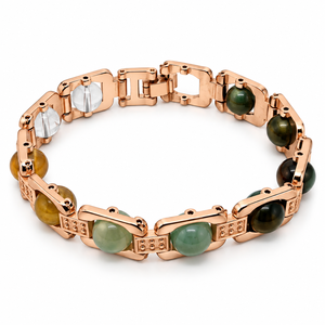 Pulsera de Metal Color Oro Rosa al por Mayor con Cuentas de Piedras Preciosas Naturales de Pirita, Jade Verde, Citrino y Cuarzo Transparente para Hombres y Mujeres - Product Image 1