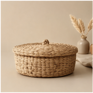 Handwoven Seagrass Vintage <b>Round</b> <b>Wicker</b> Storage <b>Basket</b> with Lid Folk Art Organizer Decoration - Product Image 6