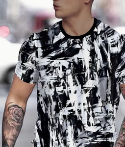 Camiseta Estampada de Moda para Hombre, Cuello Redondo, Uso Casual, Tela Suave y Cómoda, Diseño Elegante con Bloques de Color, Blanco y Negro, para Uso Diario - Product Image 5