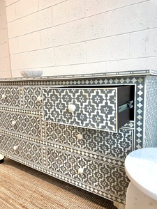 Mediterranean Style Wooden <b>Storage</b> <b>Cabinet</b> with Geometric Inlay Pattern and Multiple Drawers for Living Room Furniture - Product Image 3