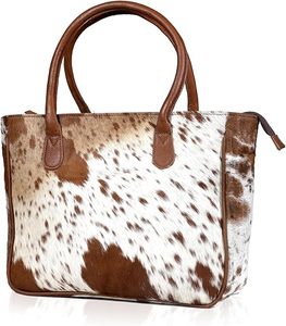 Sac fourre-tout en cuir de vache véritable pour femme, motif noir et blanc, fermeture éclair, sac à main tendance - Product Image 3